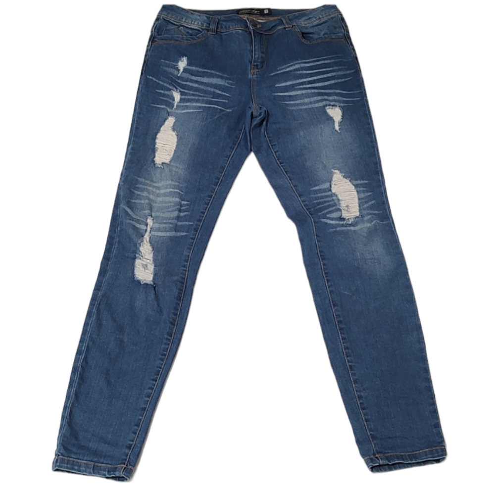 Blue Factory Distressed Whiskered Blue Age Stretchy Jeans sz 11